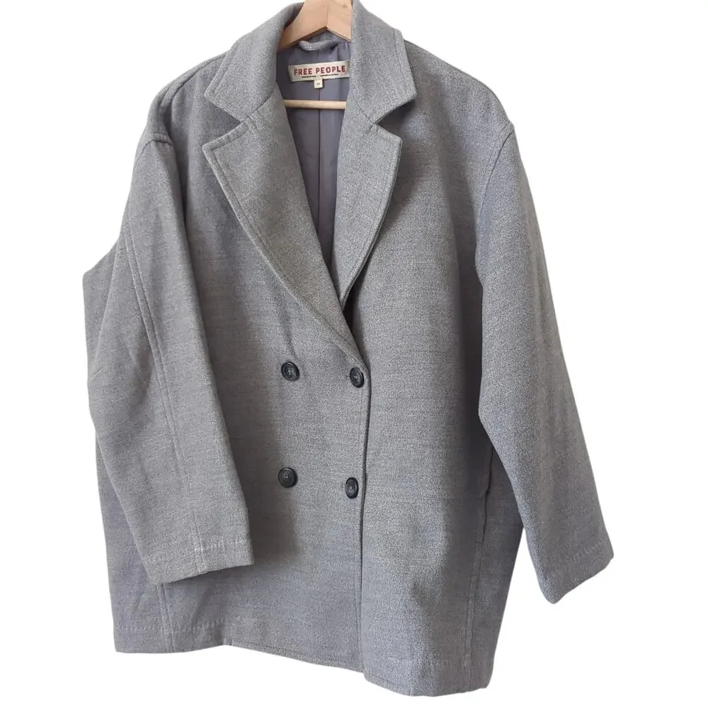 Free People Gray Hannah Slouchy Blazer Jacket‎ Double Breasted Coat Oversize XS